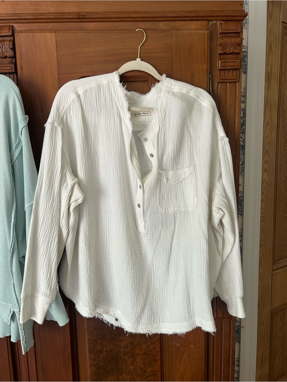 Free People Cream Raw-Edge Henley Pullover